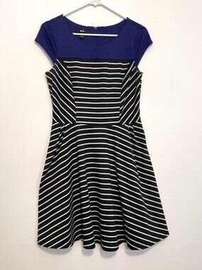 BCX Black White Indigo Colorblock Striped Cap Sleeve Fit & Flare Dress JUNIORS 7